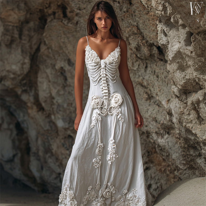 Vintage Skeleton White Roses Linen Cami Maxi Dress