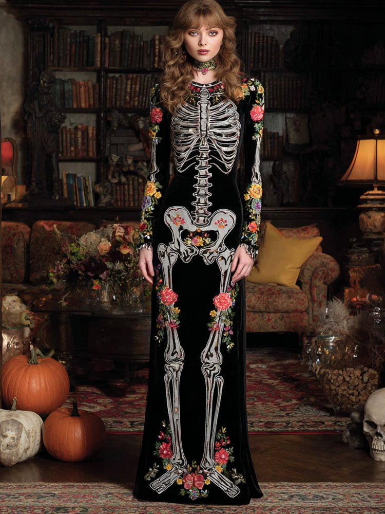 Classy Mexican Day Of The Dead Skeleton Bones Embroidery Flowers Cozy Velvet Maxi Dress