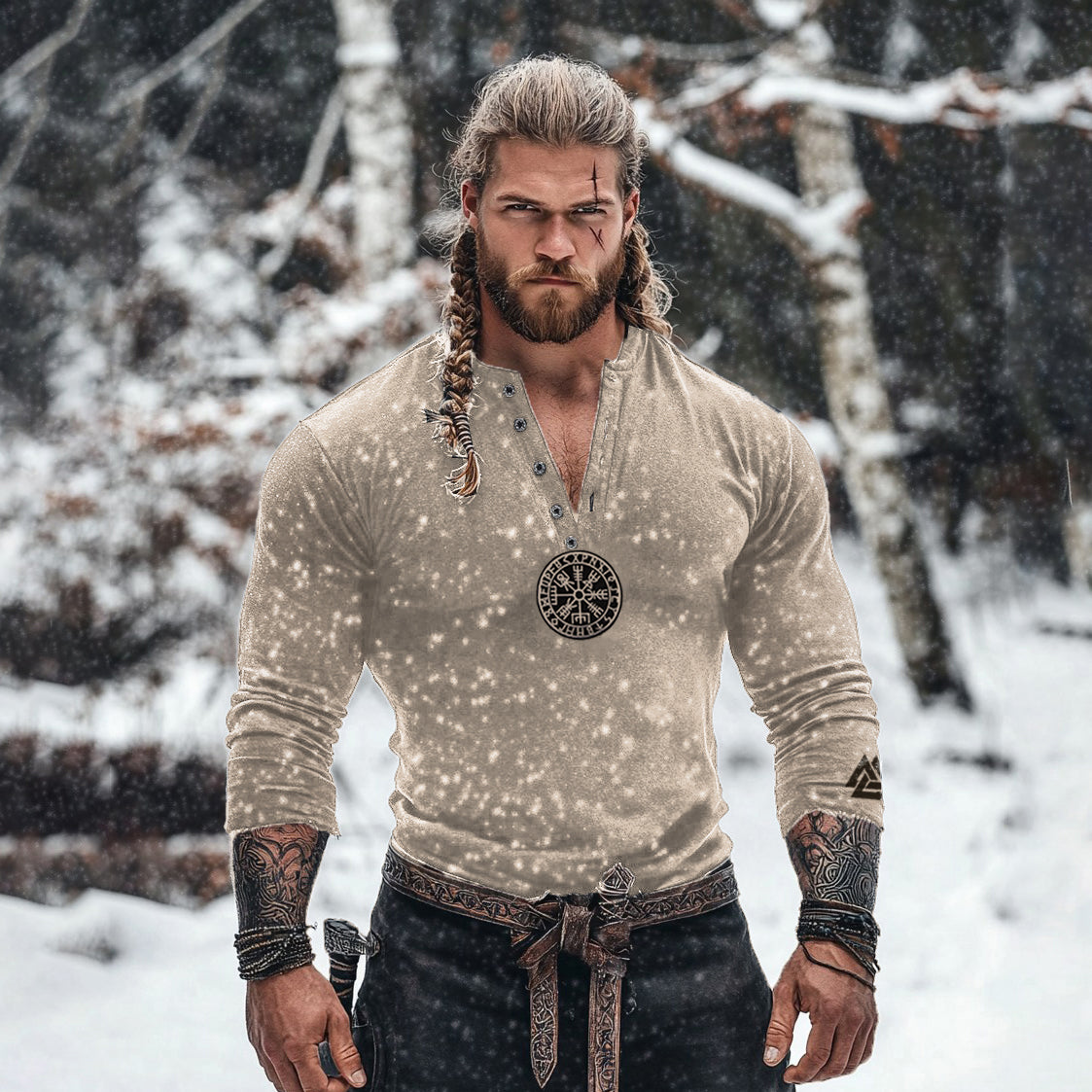 Men's Tribal Viking Runes Graphics Henley Collar Long Sleeves Basic T-shirt