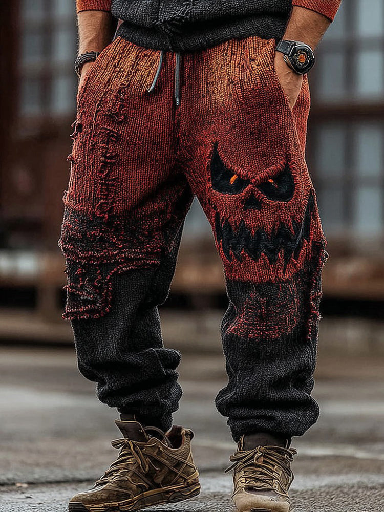 Men's Halloween Spooky Face Gradient Inspired Knitted Distressed Knit Casual Long Pants