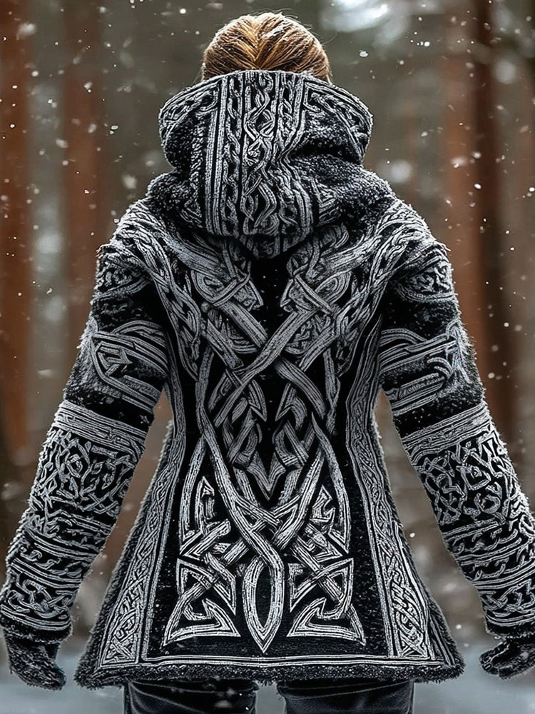Women's Vintage Viking Celtic Knot Knit Jacquard Zipper Hooded Sweater