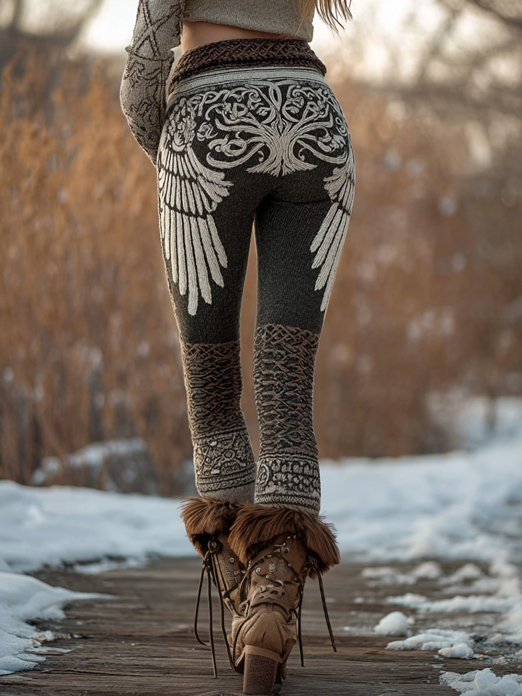 Vintage Viking Celtic Style Color-blocked Design Women's Knitted Tight-fitting Leggings