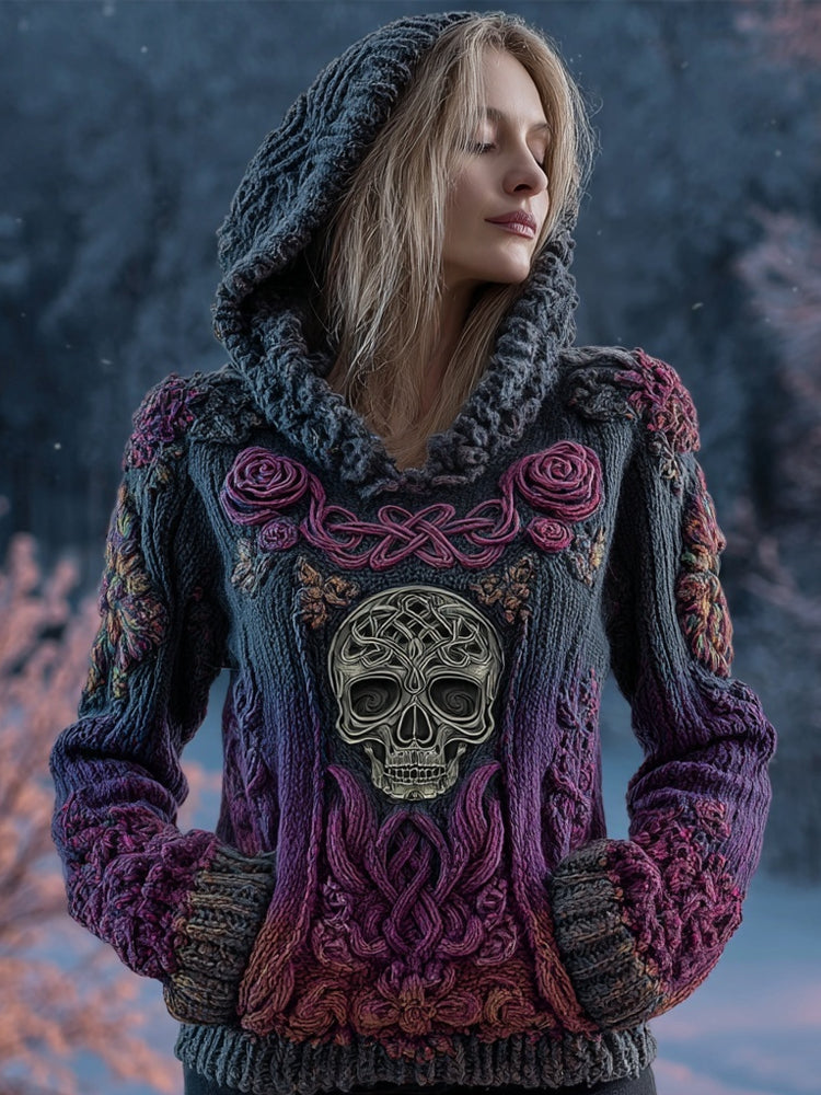 Vintage Purple Roses Viking Celtic Skull Hooded Cozy Knit Sweater