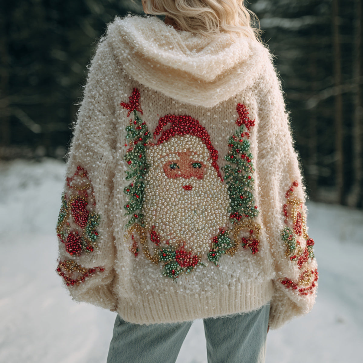 Women's Vintage Christmas Santa Claus Pattern Cozy Knit Hooded Sweater