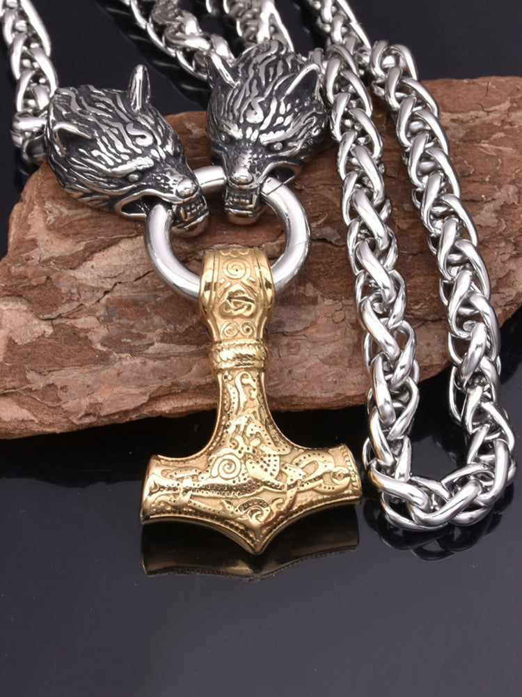 Viking Wolf Head Thor's Hammer Pendant Necklace