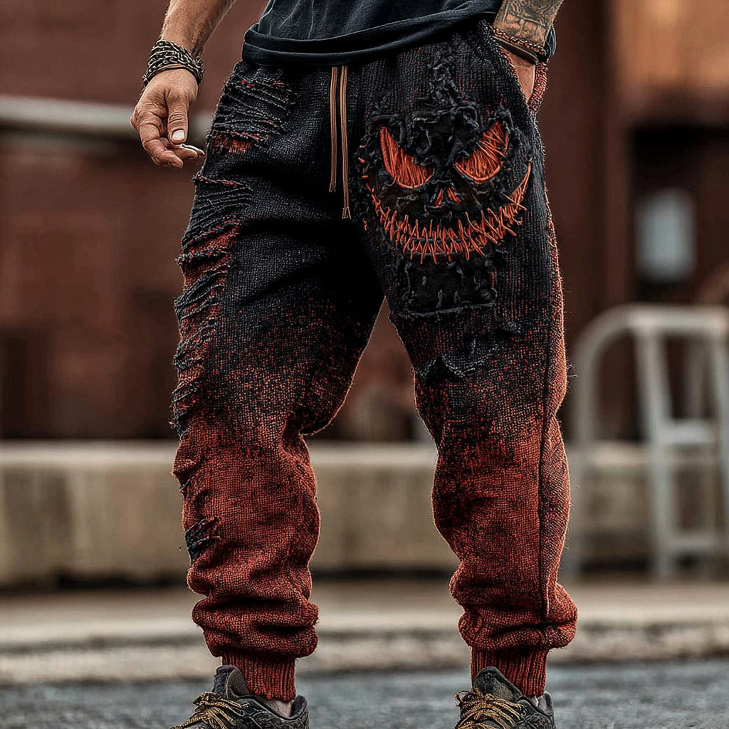 Men's Halloween Spooky Face Gradient Inspired Knitted Distressed Knit Casual Long Pants