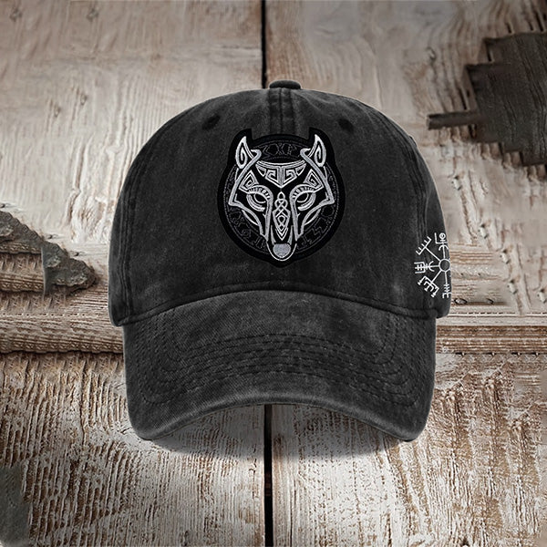 Men's Viking Vegvisir Fenrir Wolf Embroidered Washed Cap