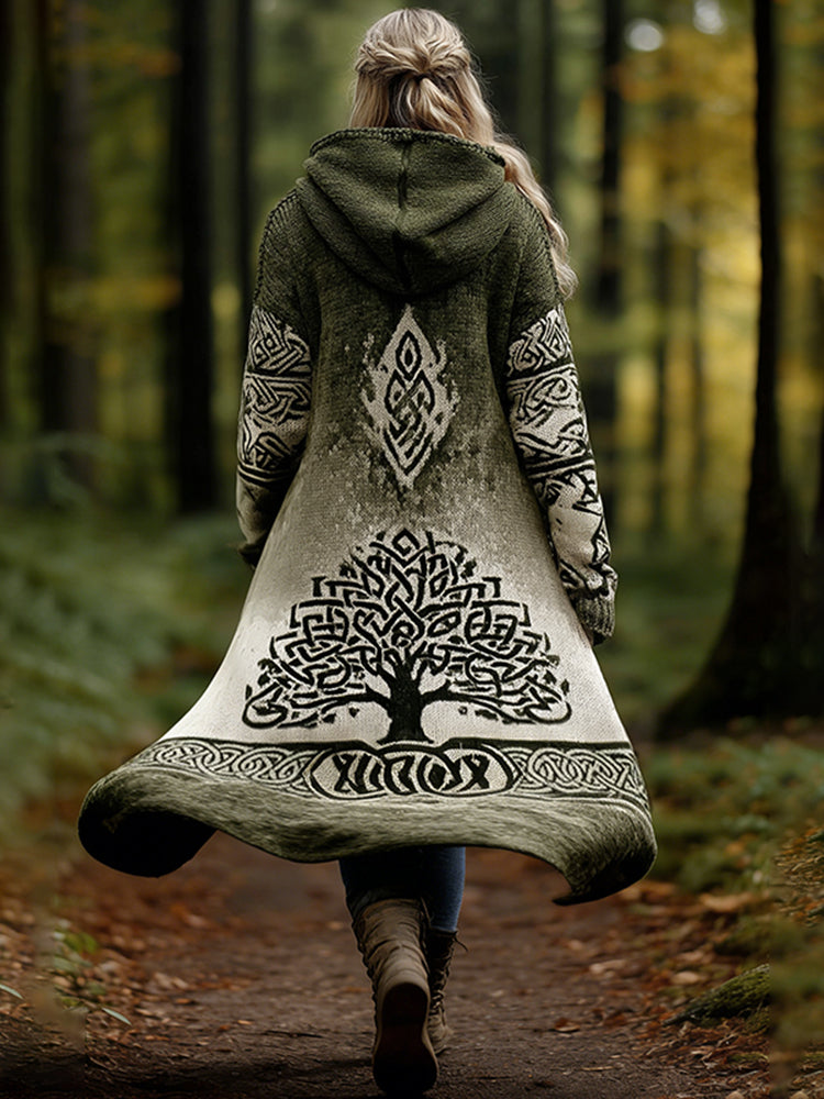 Vintage Celtic Tree Of Life Contrast Print Warm Buttoned Hooded Cardigan