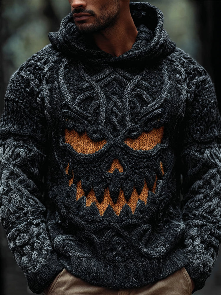 Men's Halloween Pumpkin Face Celtic Knot Chunky Hooded Sweater