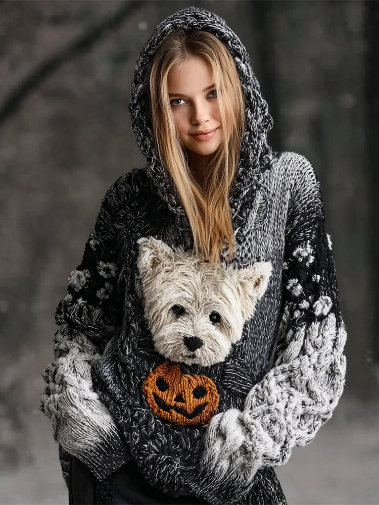 Halloween Cairn Terrier Dog & Pumpkin Art Women's Hooded Sweater