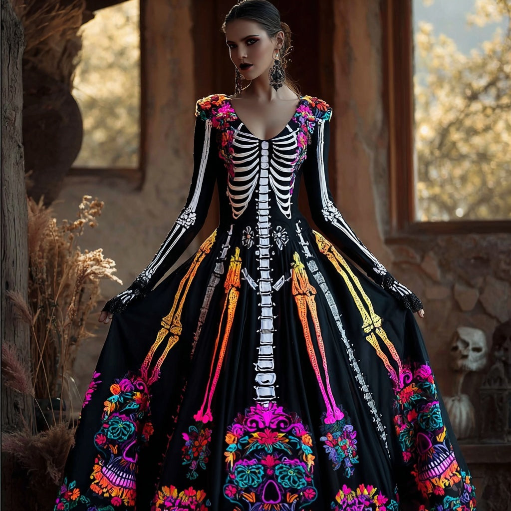 Day Of The Dead Neon Glowing Skeleton V Neck Maxi Dress