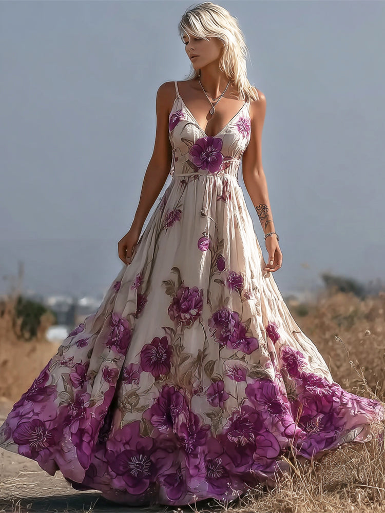 Boho Floral Embroidery Vintage Women's Linen Spaghetti Strap Maxi Dress