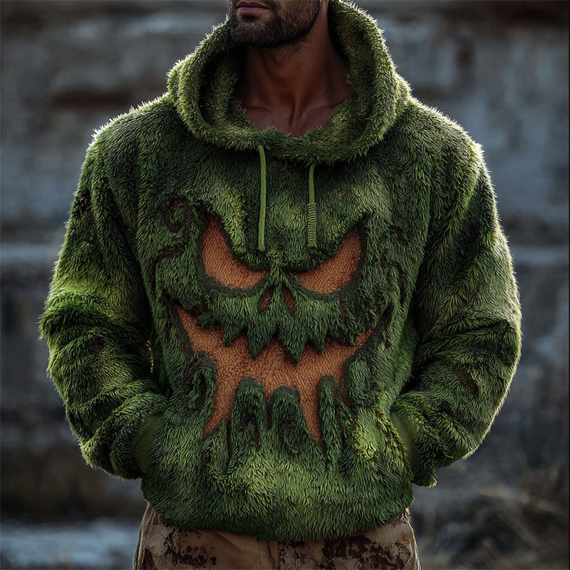Men's Halloween Monster Face Frayed Cozy Plush Hoodie