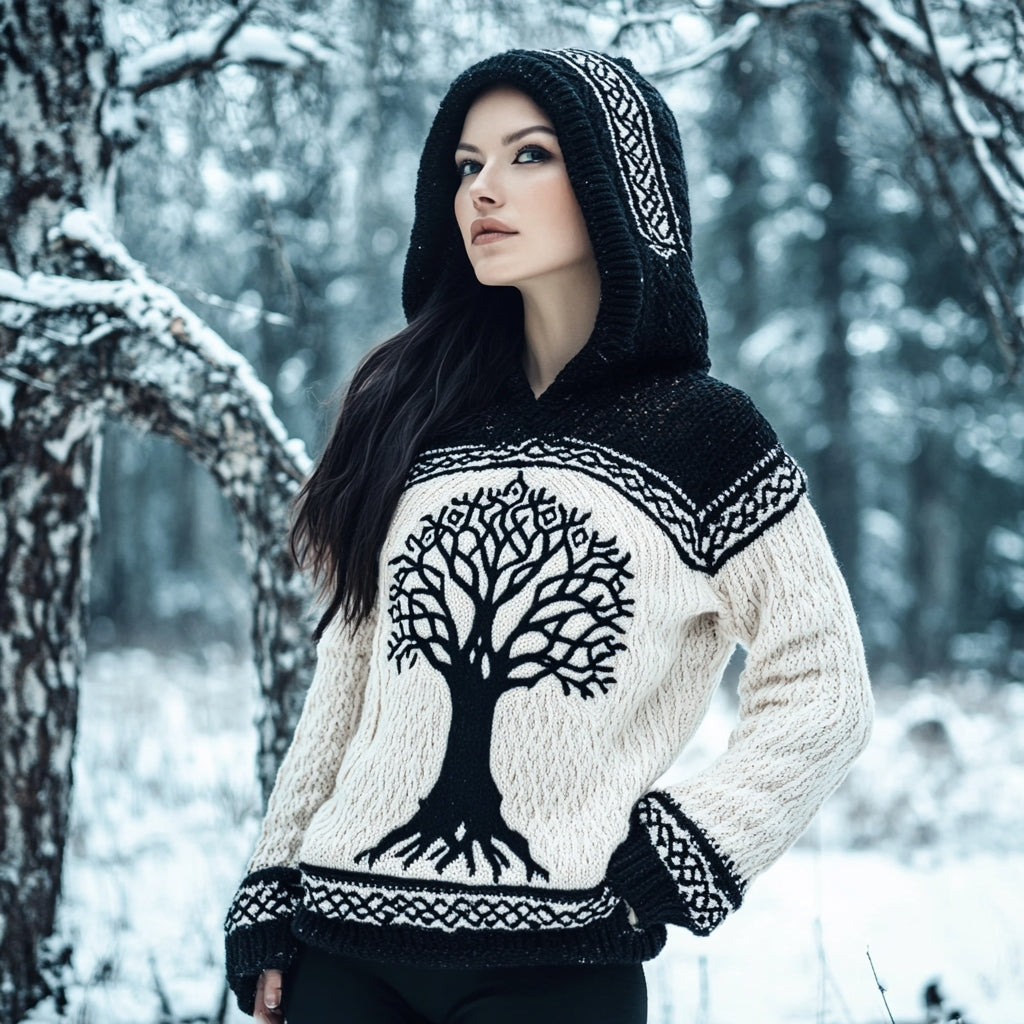 Women's Viking Tree Of Life Contrast Jacquard Cozy Knit Hooded Sweater