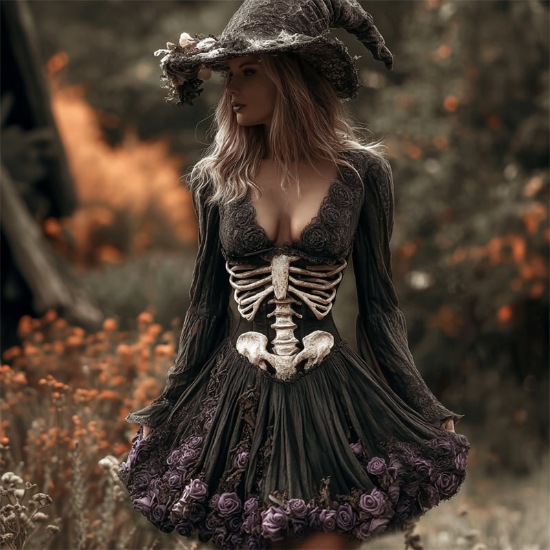 Halloween Skeleton Purple Roses Flowy Linen Mini Dress