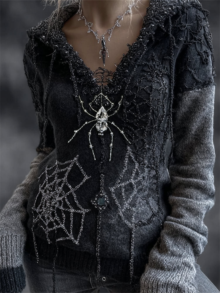 Halloween Spider & Spiderweb Glitter Diamonds Cozy Knit Hooded Sweater