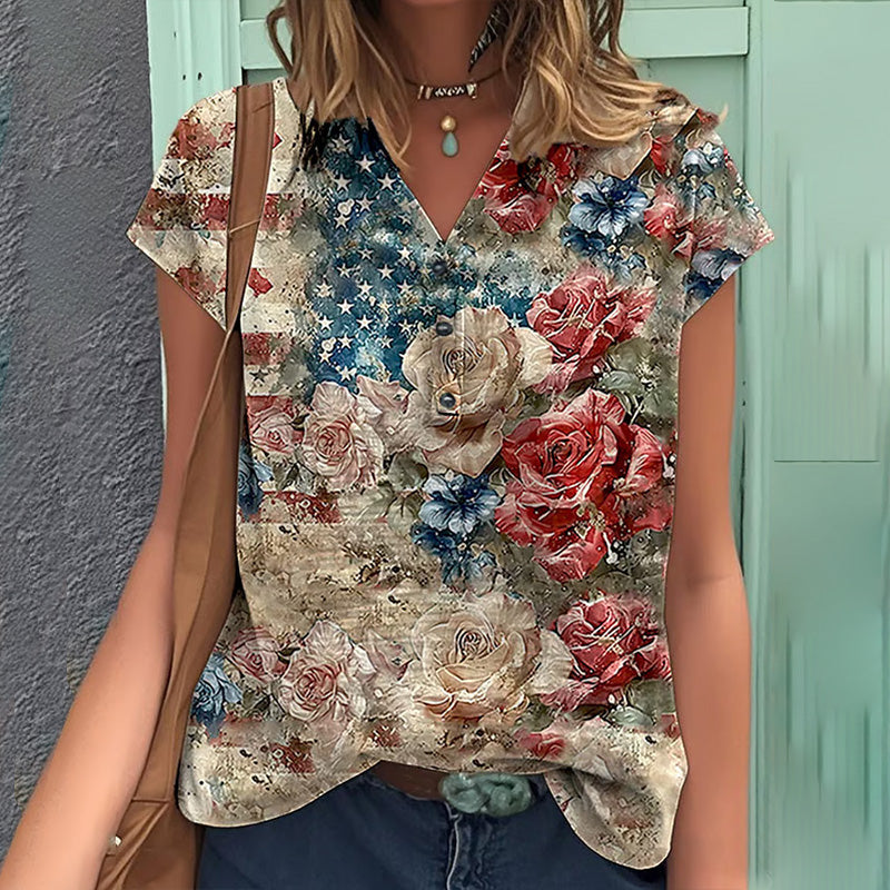 Women's Vintage Independence Day Flag Floral Print Button-down Shirt