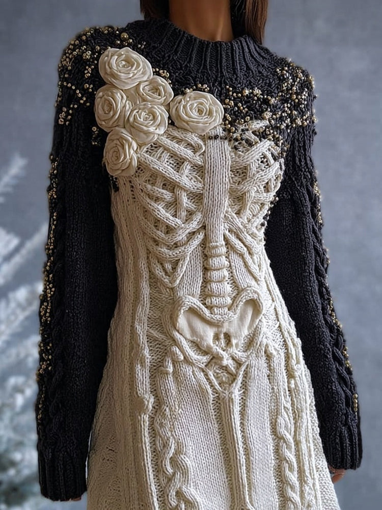 Vintage Skeleton Roses Contrast Color Cozy Sweater Dress