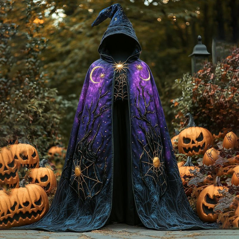 Star, Moon And Spider Web Embroidered Gradient Cape