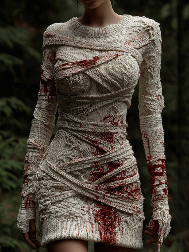 Women's Halloween Bandage Art Cozy Knit Mini Sweater Dress