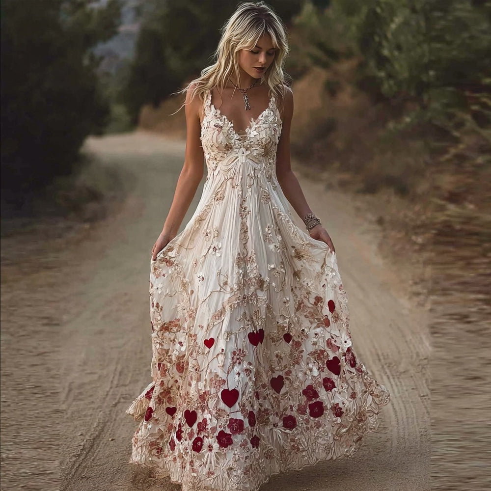 Valentine's Day Hearts & Flowers Embroidered Lace Cami Maxi Dress