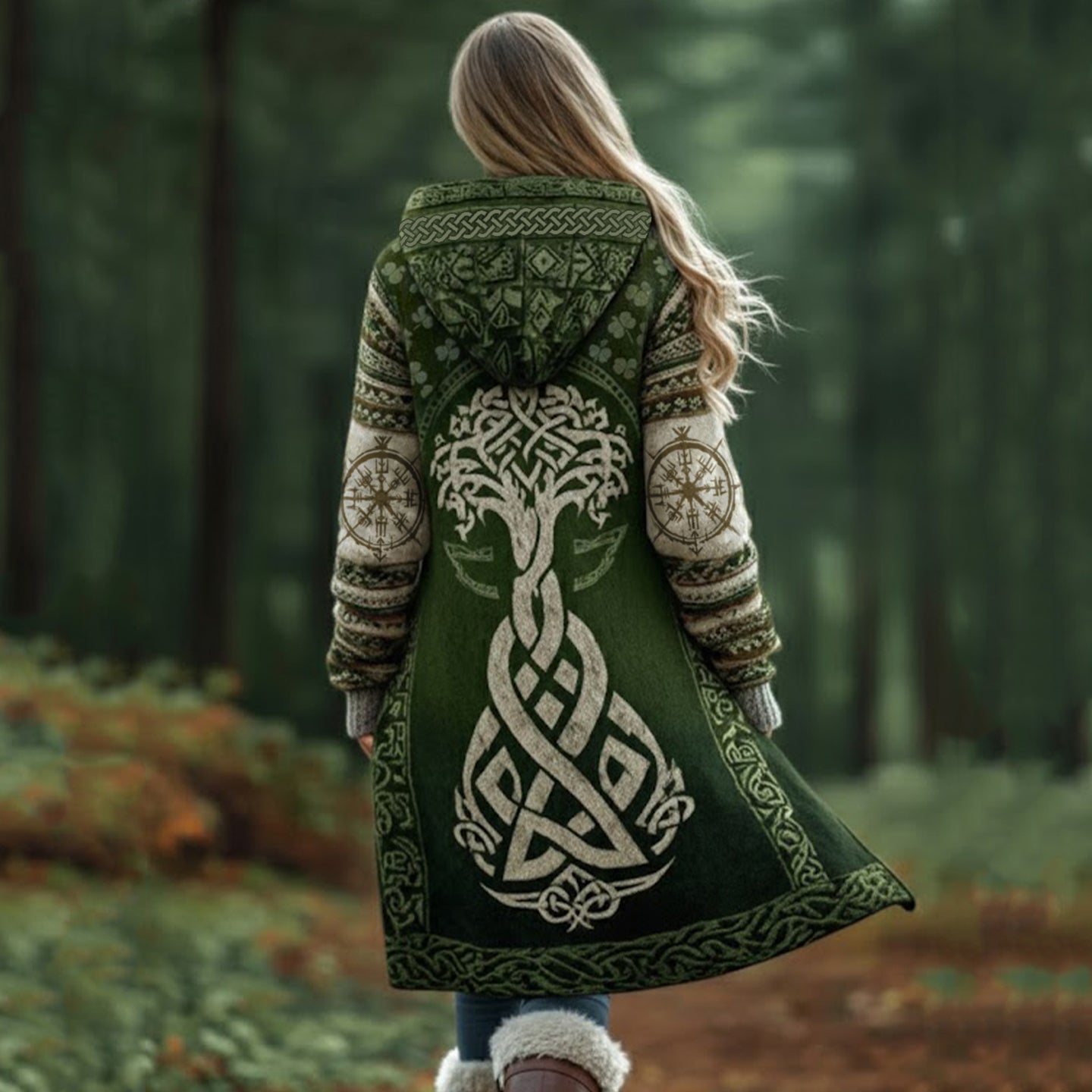Vintage Celtic Knot Tree Of Life Gradient Print Warm Hooded Cardigan