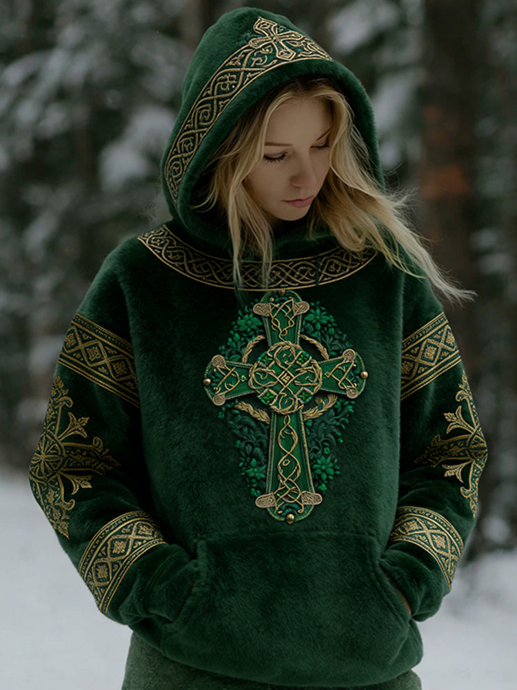 Women's Celtic Cross St Patrick's Day Print Flannel Hoodie