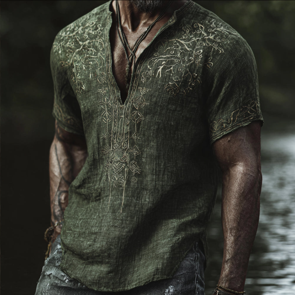 Viking Plant Embroidery Small V-neck Short-sleeved Shirt