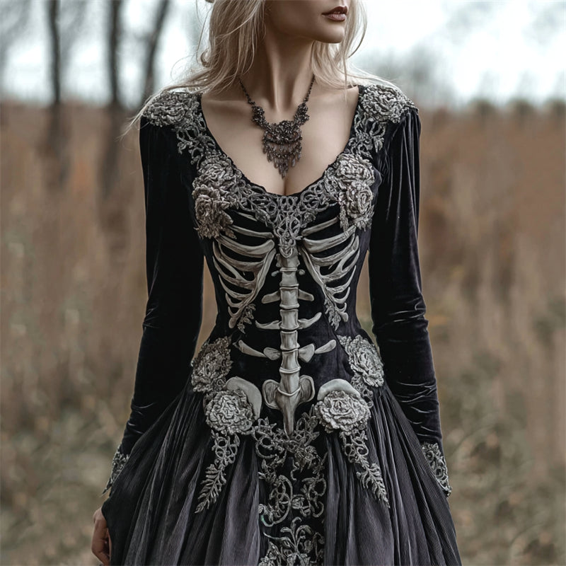 Vintage Skeleton Floral Fiber Art Cozy Velvet Maxi Dress