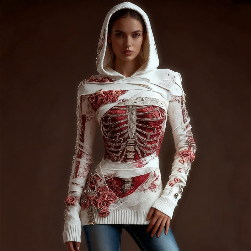 Classy Skeleton Anatomy Bloody Roses Bandages Hooded Sweater