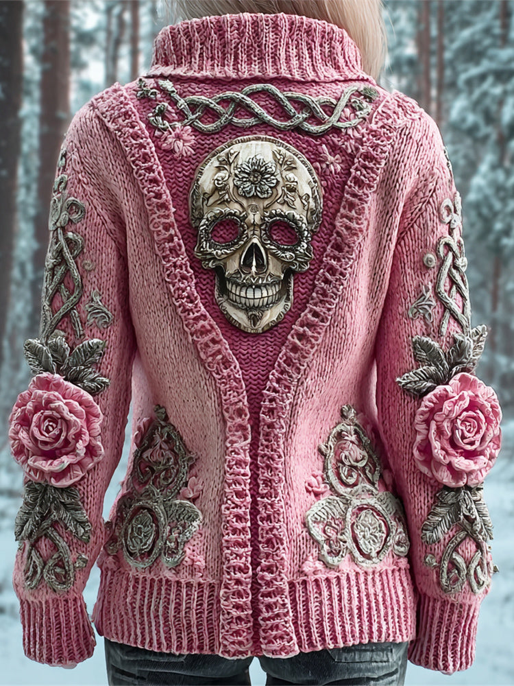 Metal Skull & 3d Floral Viking Art Women's Chunky Knit Stand Collar Zipper Sweater