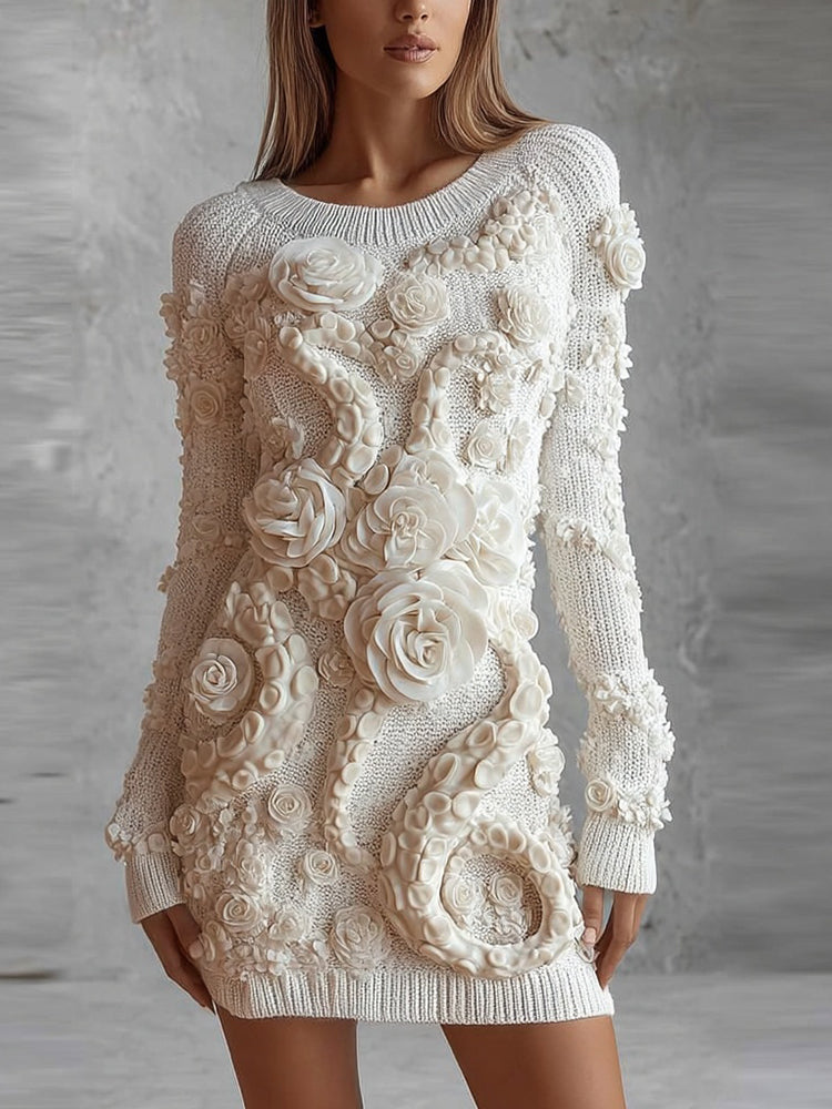 Vintage White Roses Tentacles Cozy Knit Sweater Dress