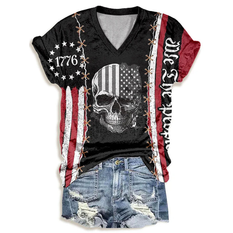 1776 American Flag Skull V-neck T-shirt