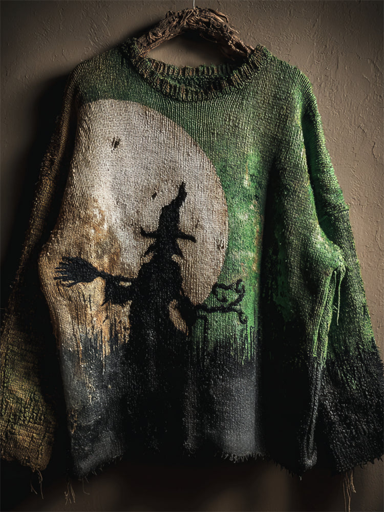 Halloween Night Witch Silhouette Dyed Cozy Knit Sweater