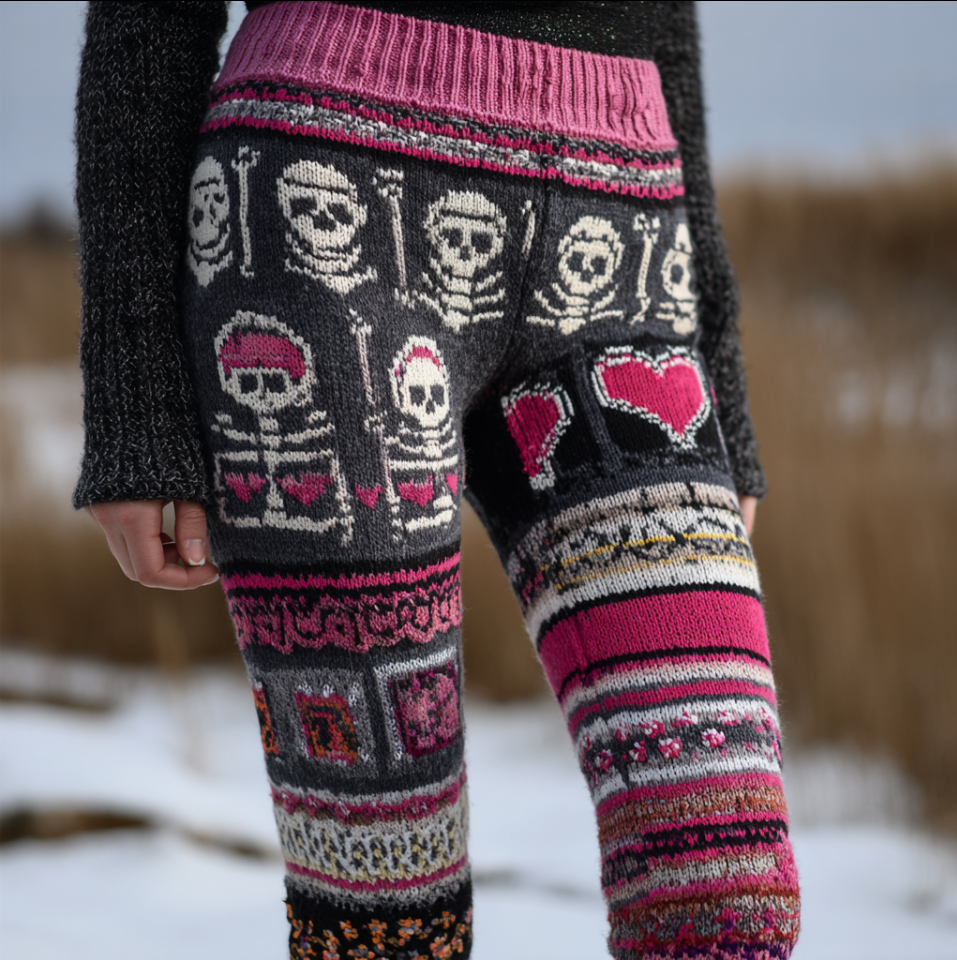 Halloween Skeleton And Heart Pattern Women's Knitted Wool Leggings