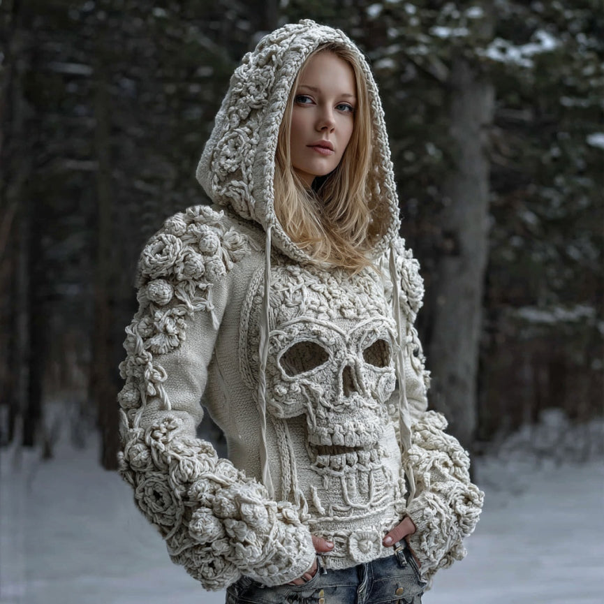 Women's Skull Flower Art Knit Hooded Sweater