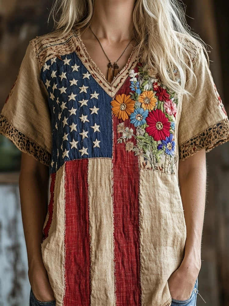 American Flag Inspired Floral Embroidered Cozy Linen Shirt