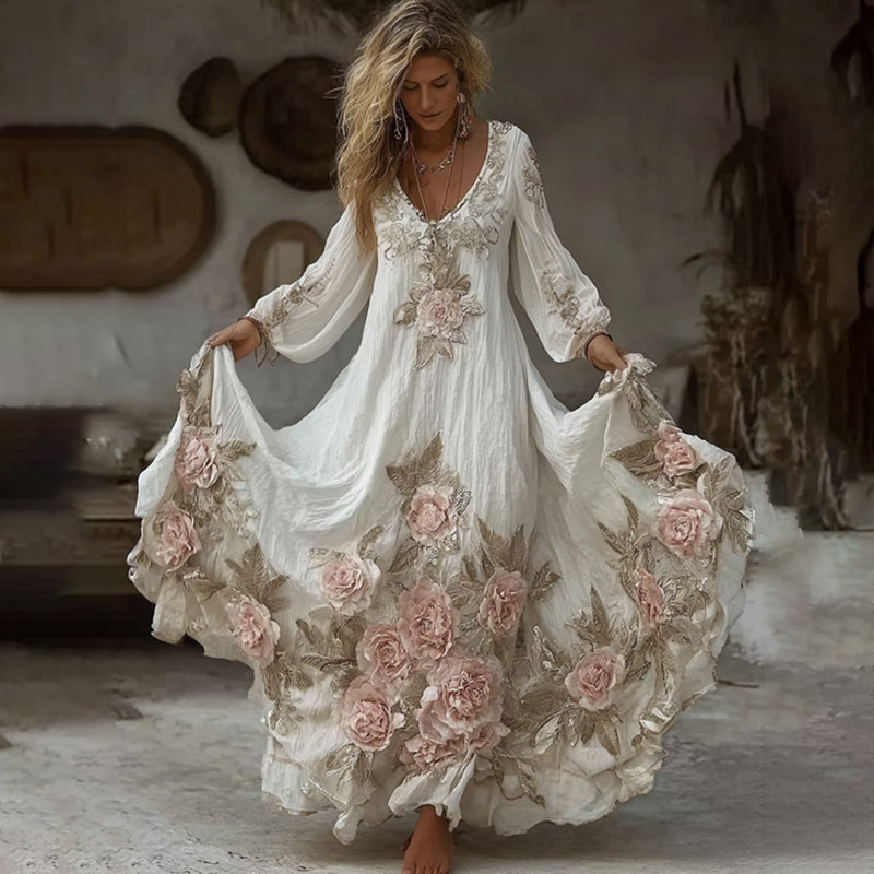 Women's Vintage Pink Floral Embroidery Art Comfy Linen Maxi Dress