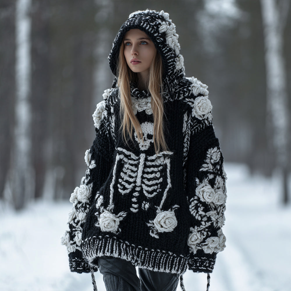 Women's Vintage Three-dimensional White Rose Casual Warm Hooded Sweater