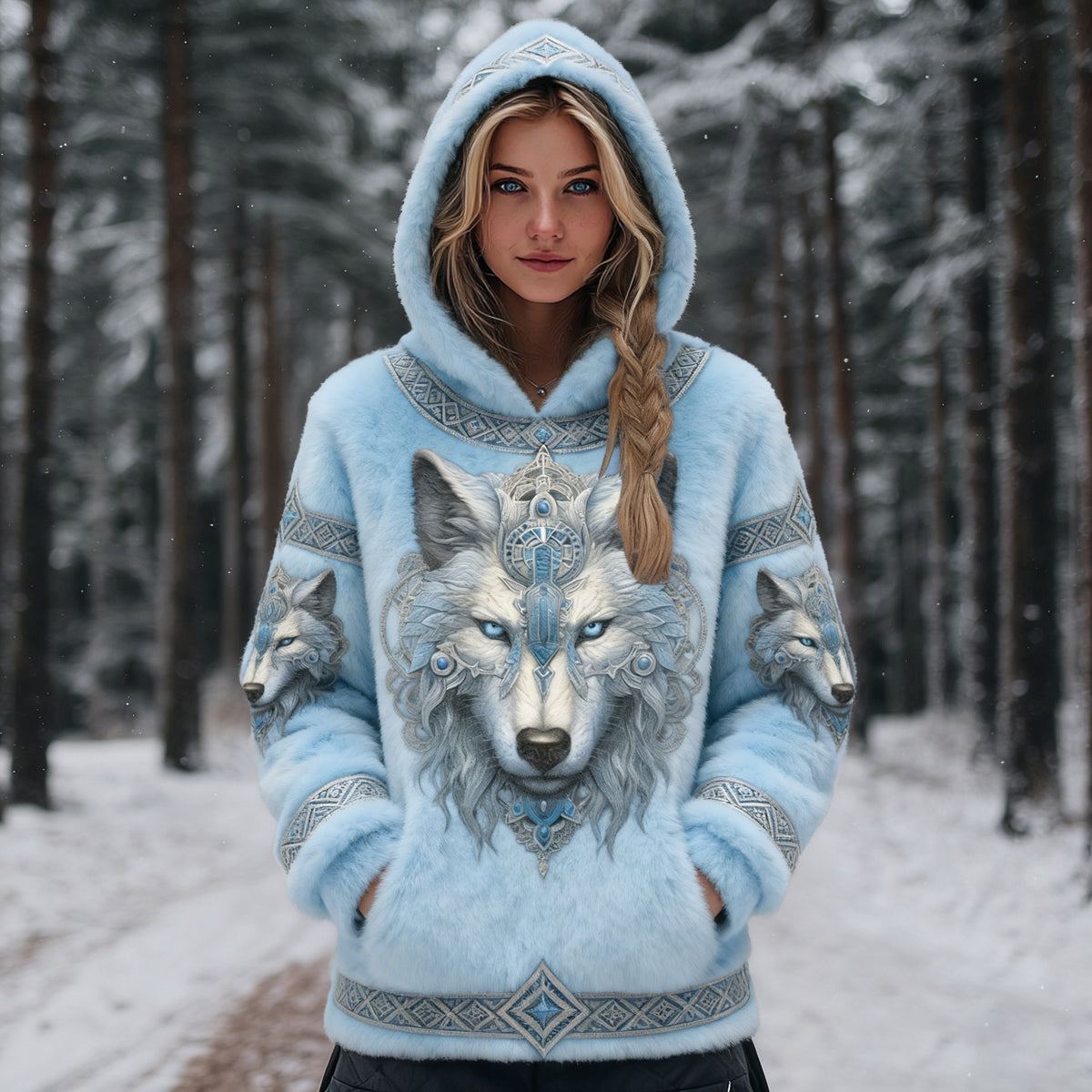 Women's Vintage Wolf Art Plush Cozy Hoodie
