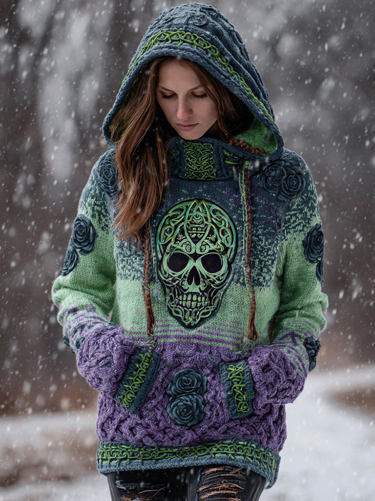 Women's Viking Tribal Jacquard Celtic With Rose And Skull Inspired Chunky Knit Hooded Sweater