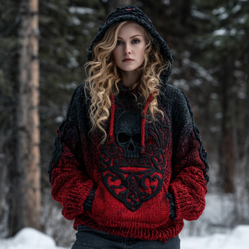 Women's Vintage Viking Tribal Celtic Skull Art Chunky Knit Hooded Sweater
