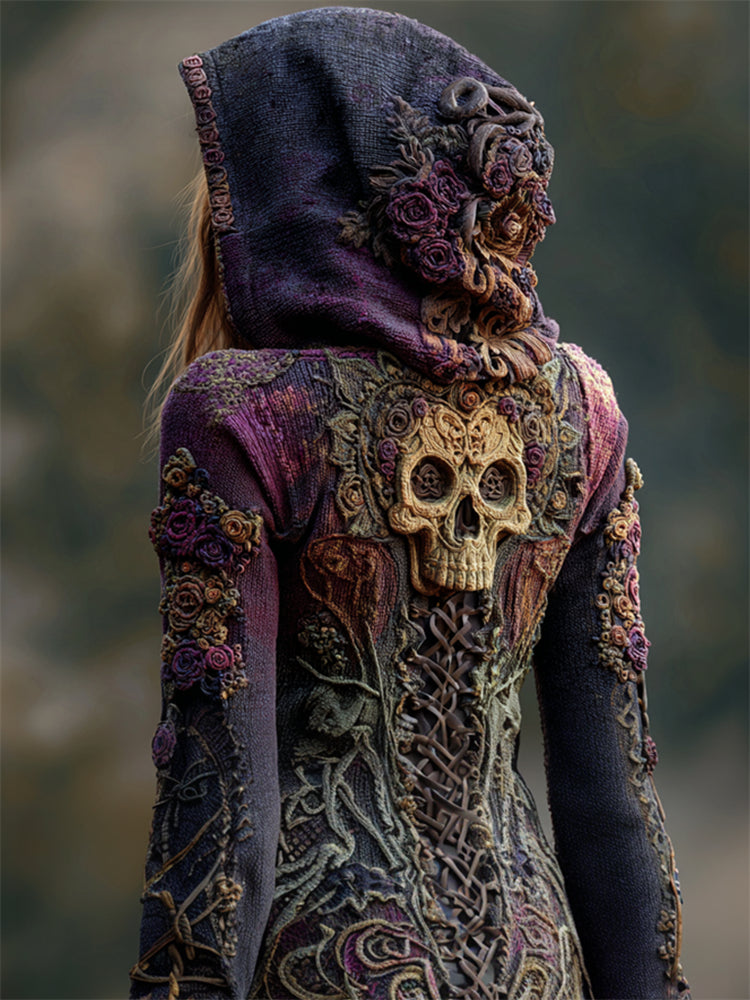 Vintage Skull Purple Roses Gradient Celtic Knit Hooded Sweater
