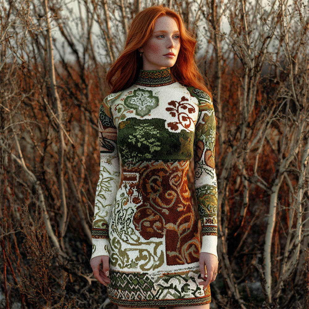 Irish Floral Elements Women's Knit Turtleneck Sweater Dress