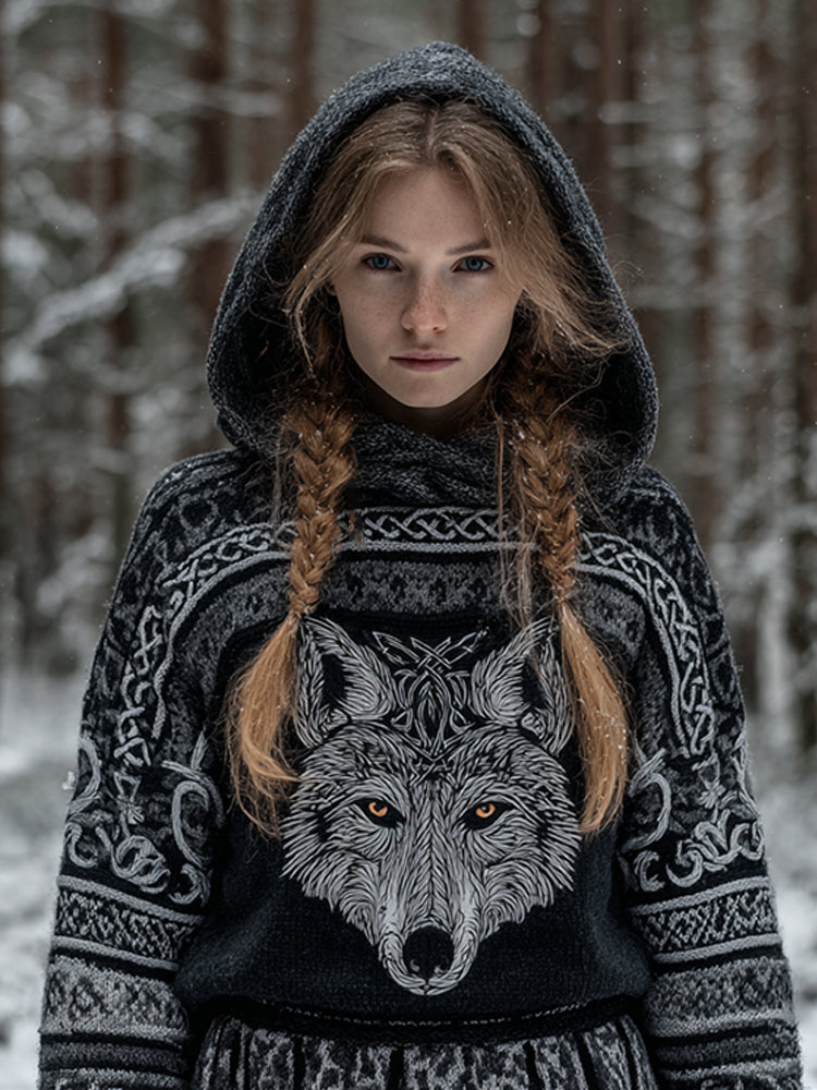 Women's Viking Style Viking Wolf Celtic Knot Knit Warm Hoodie Sweater