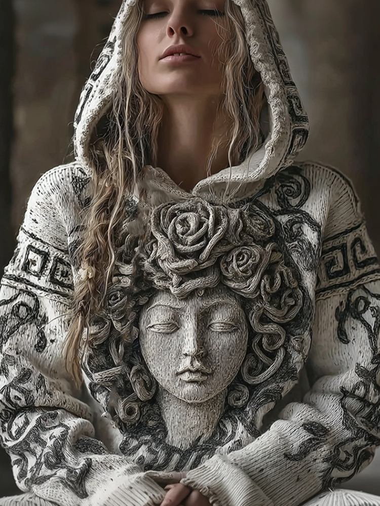 Ancient Greek Mythology Medusa White Rose Knit Beanie Sweater