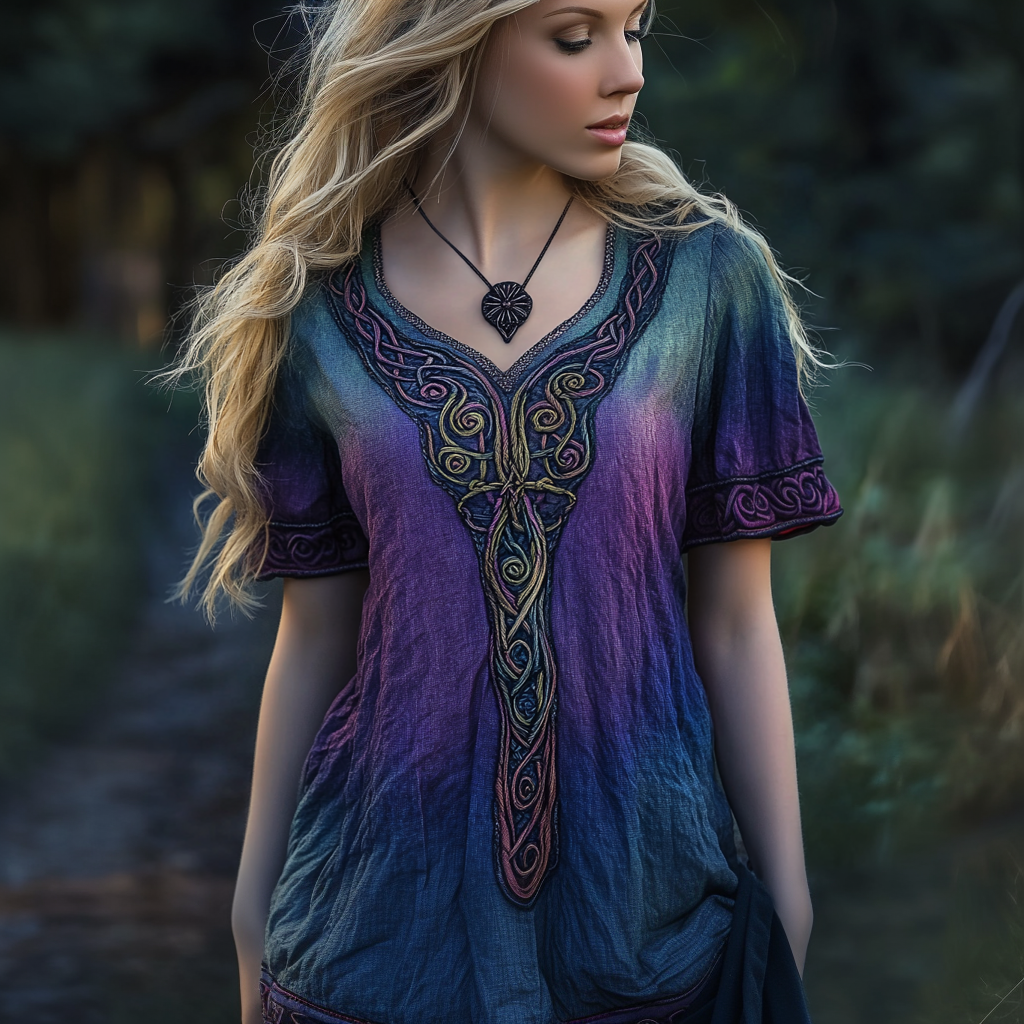 Vintage Viking Celtic Knot Gradient Embroidery Art Women's Linen T Shirt