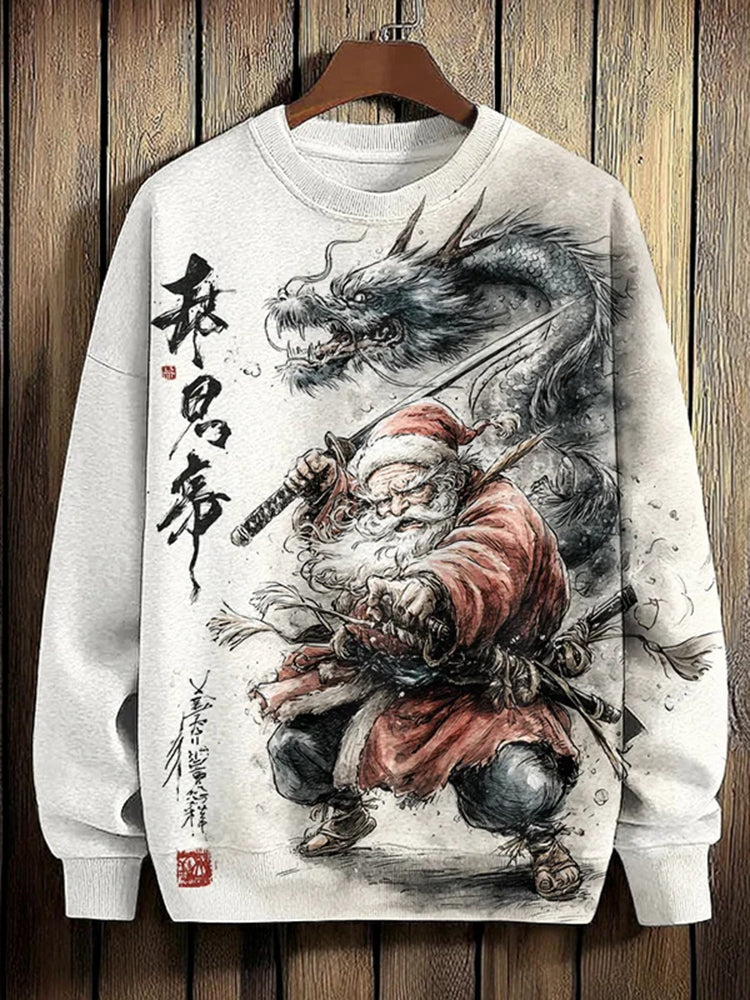 Men's Fighting Dragon And Santa Claus Ink Wash Art Print Sweatshirt