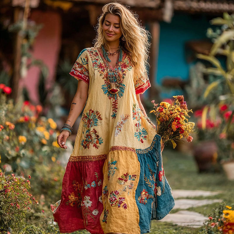 Women's Ethnic Floral Patchwork Linen Short-sleeved Dress