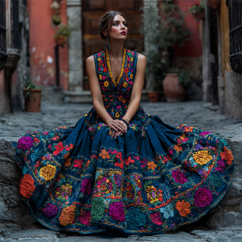Day Of The Dead Mexican Floral Embroidered Linen Maxi Dress